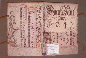 Abgelöster Buchdeckel Antiphonar (Sammlung liturgischer Wechselgäge) aus dem 15. Jhdt., verwendet als Einband für ein Umgeltungsrechenbuch von 1647.