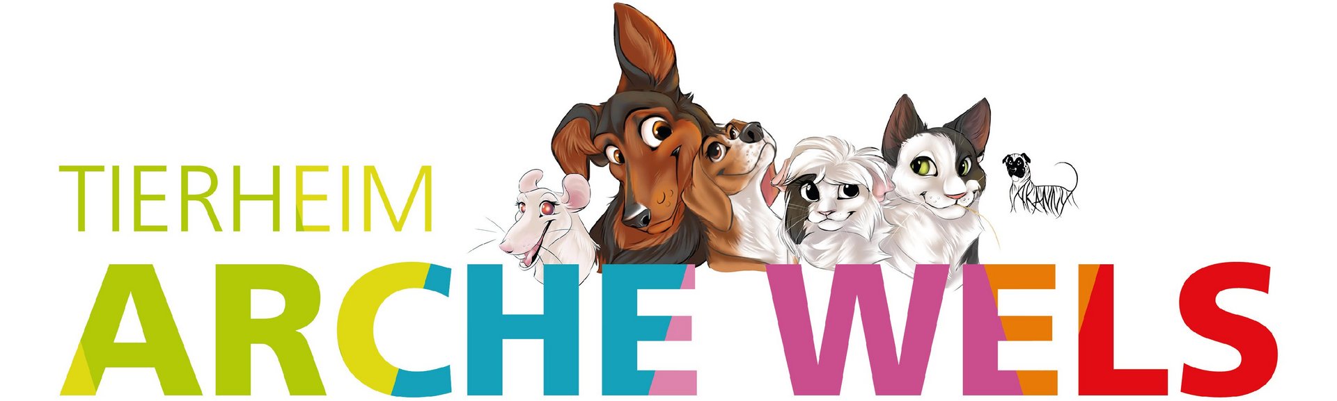 Tierheim Arche Wels - Logo mit Cartoon-Darstellungen von Tieren