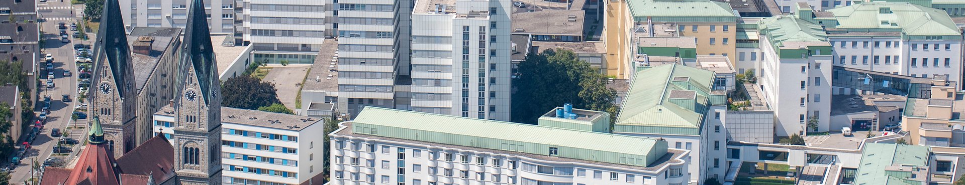 Blick von oben auf Pfarre Neustadt und Krankenhaus