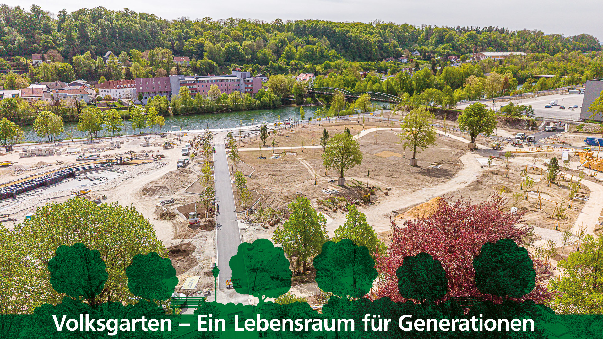 Visualisierung des neu gestalteten Volksgartens in Wels mit neuen Bäumen, Grünflächen und Wegen entlang der Traun