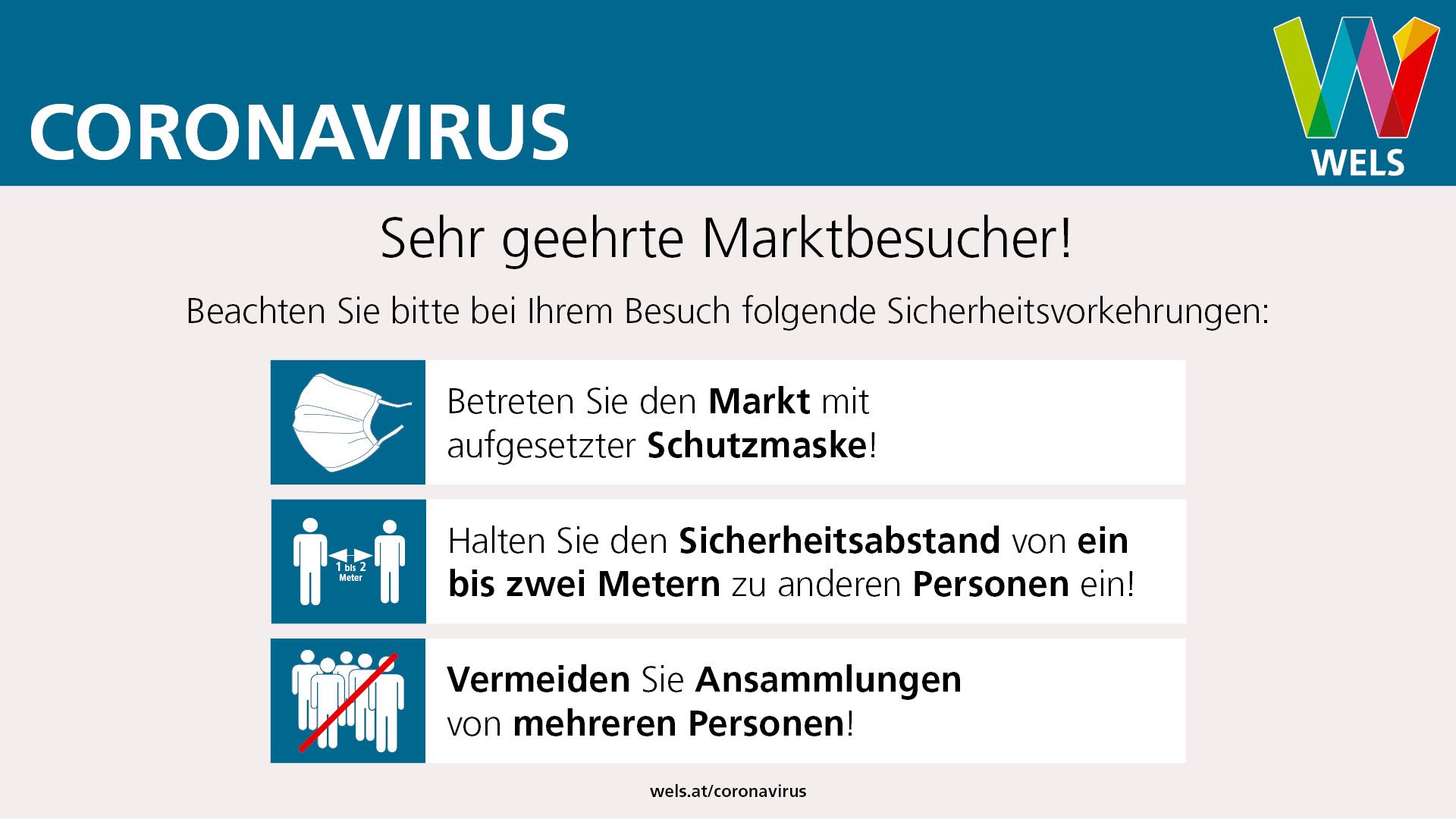 Verhaltensregeln für den Besuch am Markt. Schutzmaske tragen, Sicherheitsabstand wahren und Menschenansammlungen vermeiden.