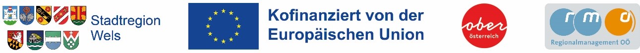Logoleiste Stadtregion Wels mit Wappen teilnehmender Gemeinden, Logo der EU (Kofinanzierung), Logo des Landes LĂ und des Regionalmanagements